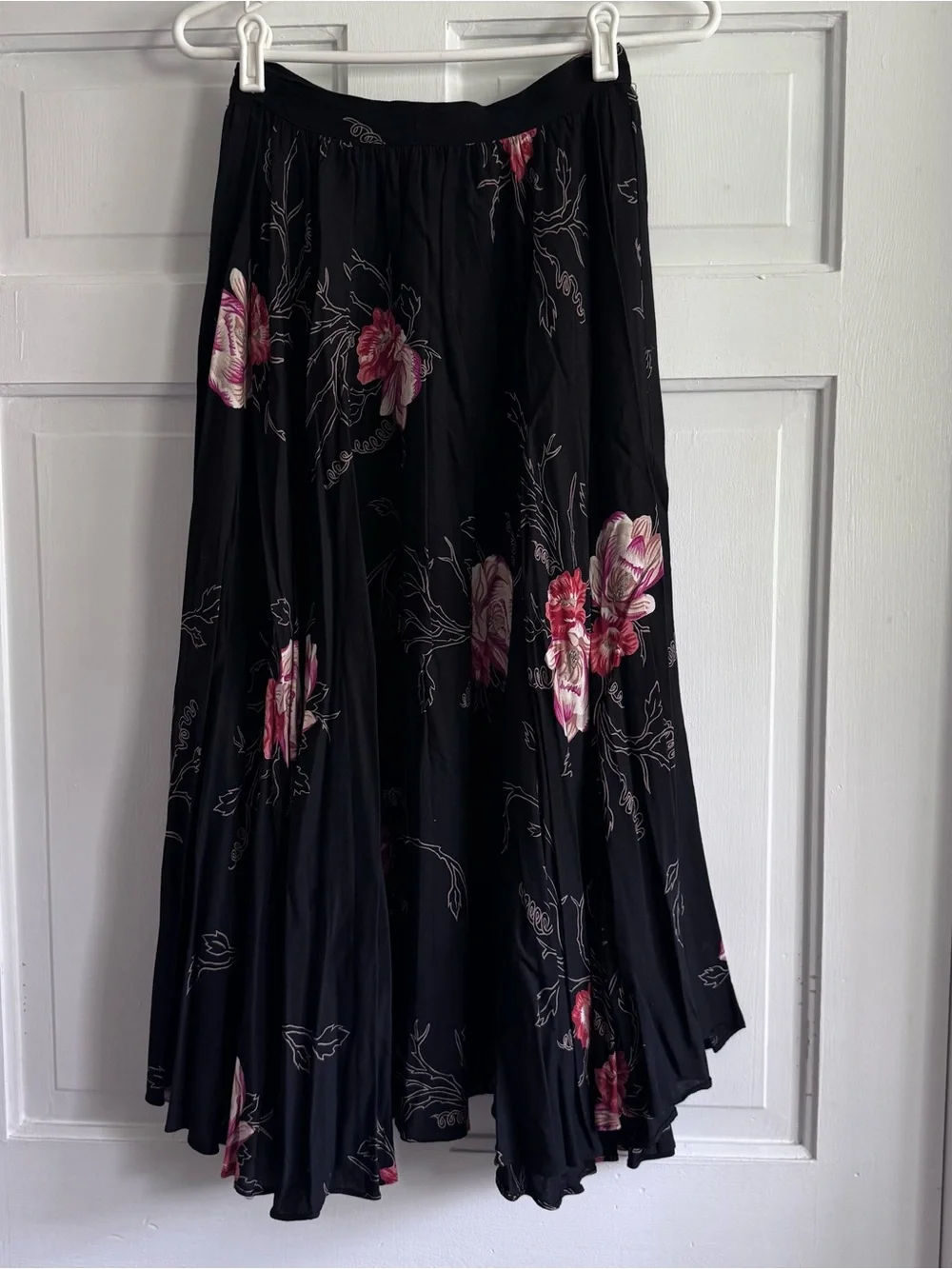 VTG B.D. Star Union Tag Black Maxi Skirt with Pink Floral Print Sz XS